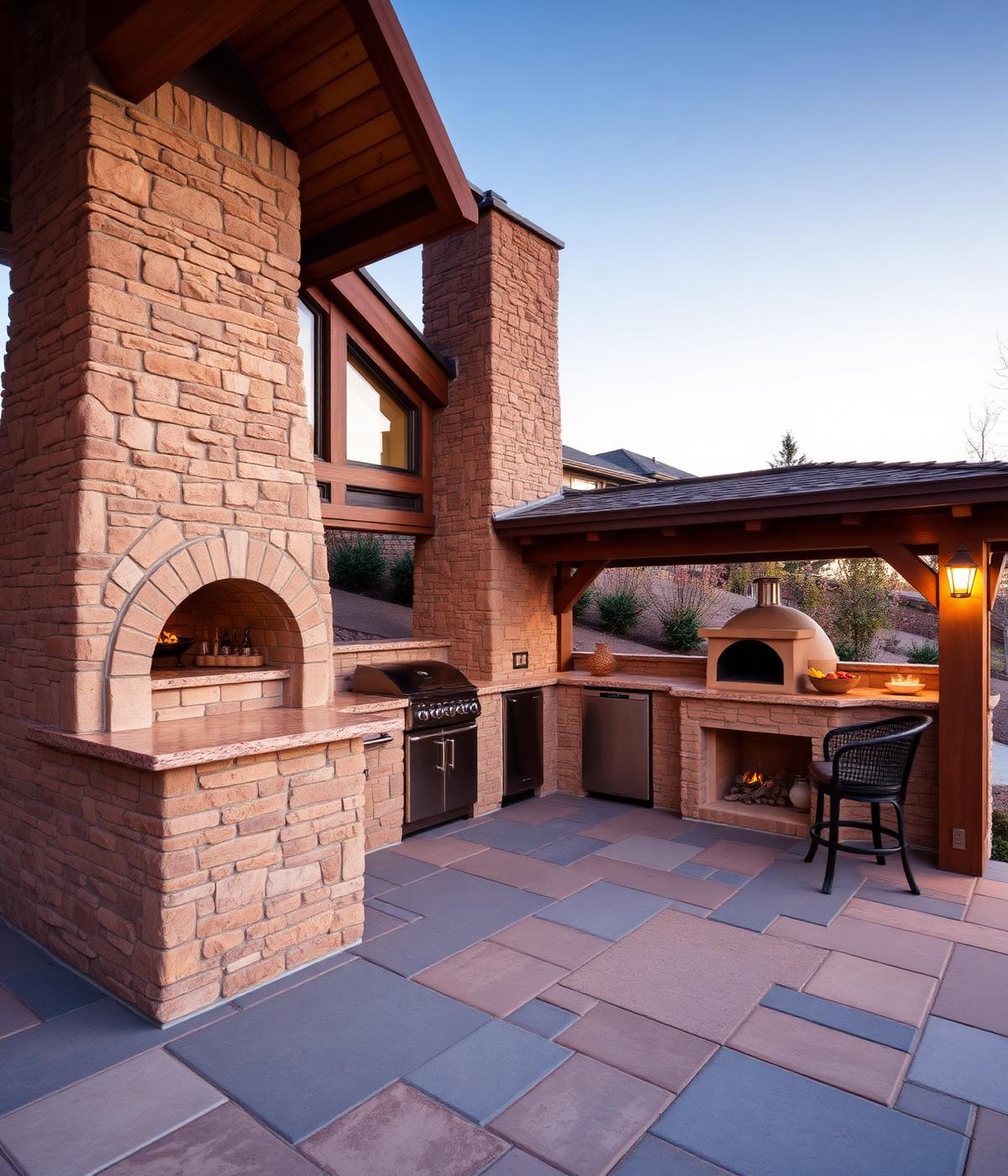 Custom outdoor kitchen with specialty cooking equipment, storage drawers and prep area