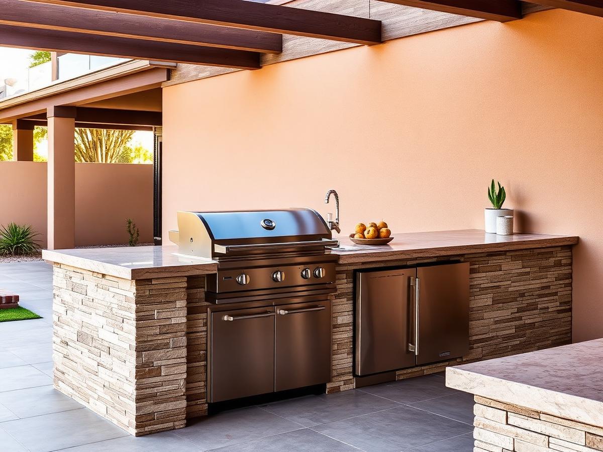 Stainless steel built-in grill set into a stone outdoor kitchen counter