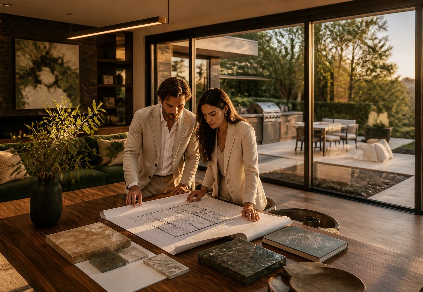 An architect and interior designer reviewing plans in a luxury indoor-outdoor Resideterra home at golden hour