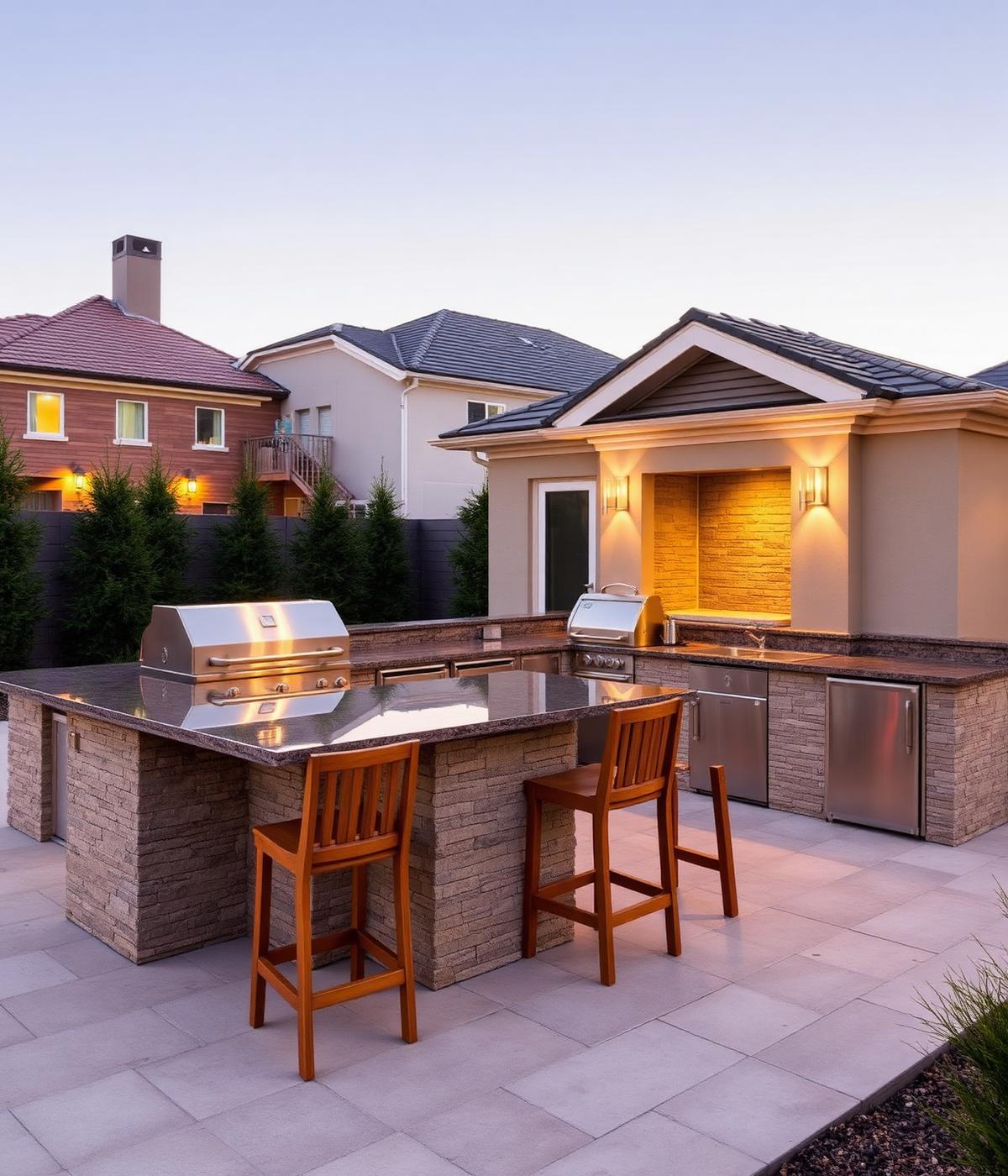 Completed outdoor kitchen with stainless grill, stone counters and bar seating at dusk