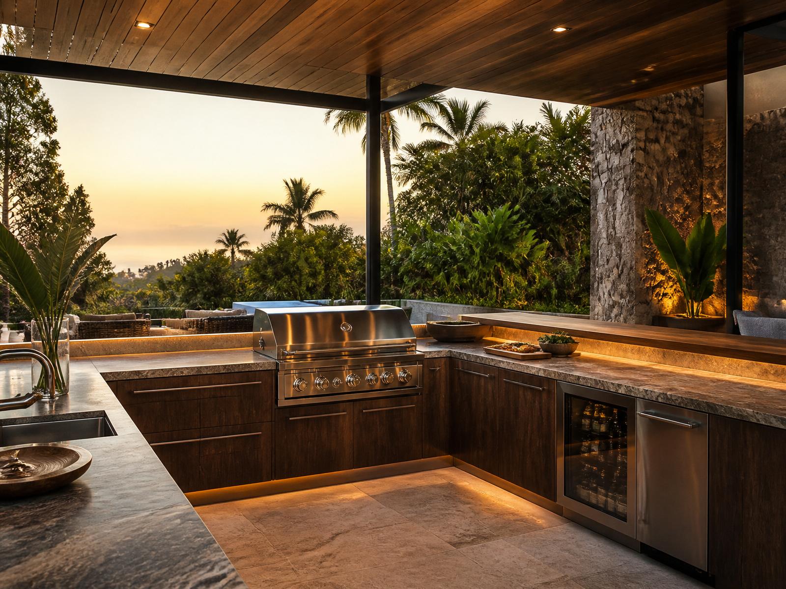 Custom outdoor kitchen with grill, sink and stone counters at dusk